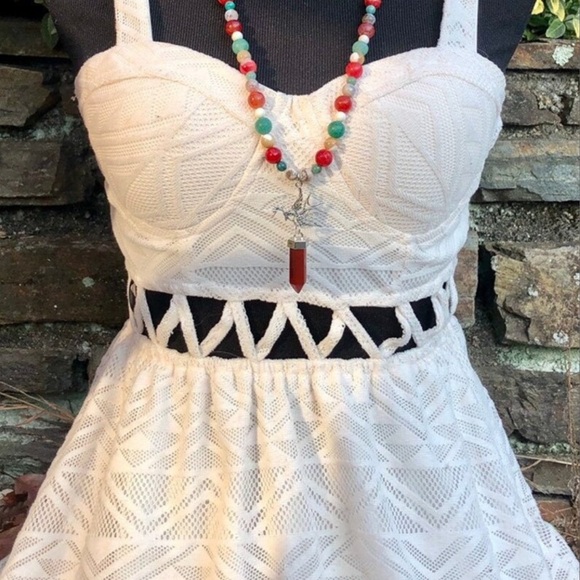 Material Girl Knit Geometric Pattern Cut Out Mini Bustier Flounce Dress Small - Picture 6 of 12